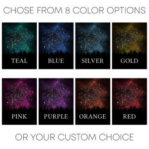a collection of eight different starry sky backgrounds, each with a different color and star pattern. The starry sky backgrounds are arranged in a 2x2 grid, with each row containing two options. The options include teal, blue, silver, gold, pink, purple, orange, and red. The text above the image reads "CHOOSE FROM 8 COLOR OPTIONS OR YOUR CUSTOM CHOICE".