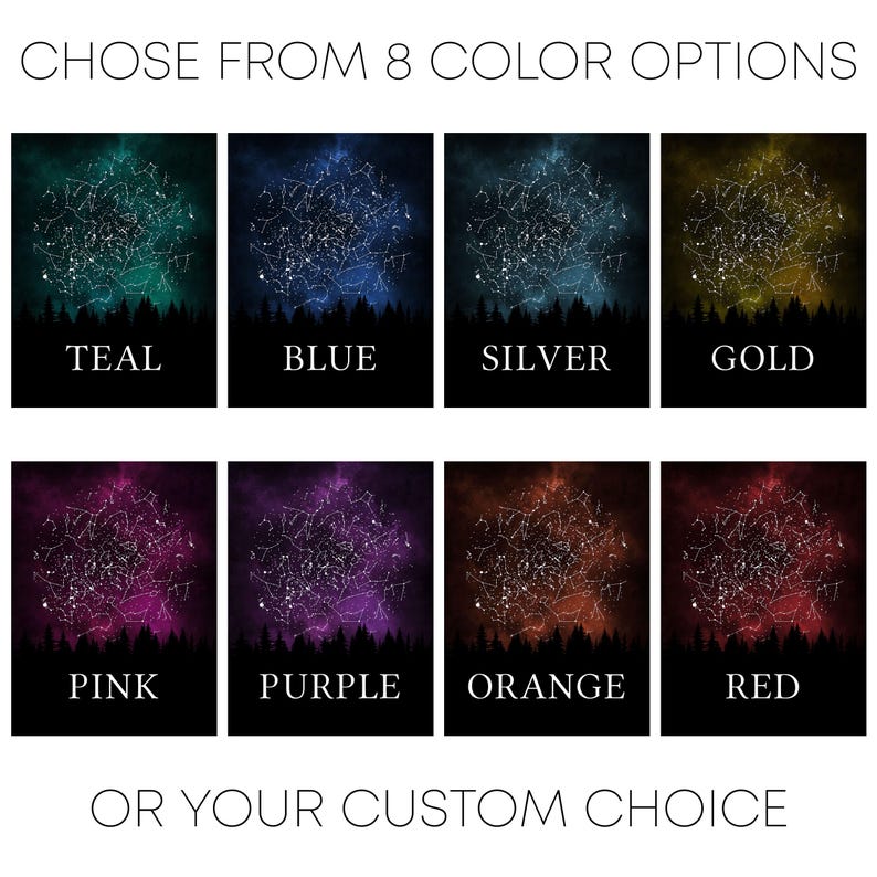 a collection of eight different starry sky backgrounds, each with a different color and star pattern. The starry sky backgrounds are arranged in a 2x2 grid, with each row containing two options. The options include teal, blue, silver, gold, pink, purple, orange, and red. The text above the image reads "CHOOSE FROM 8 COLOR OPTIONS OR YOUR CUSTOM CHOICE".