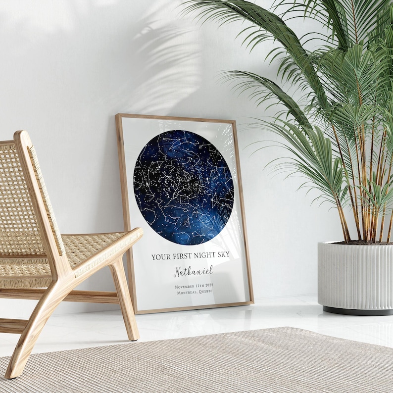 a starry night sky poster with the text "Your first night sky" and "Nathaniel" written on it, placed on a white wall next to a potted plant.