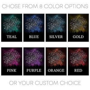 a collection of eight different starry sky backgrounds, each with a different color and star pattern. The starry sky backgrounds are arranged in a 2x2 grid, with each row containing two options. The options include teal, blue, silver, gold, pink, purple, orange, and red. The text above the image reads "CHOOSE FROM 8 COLOR OPTIONS OR YOUR CUSTOM CHOICE".