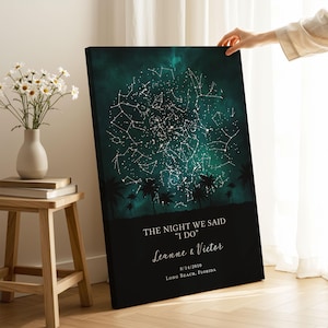A person is holding up a canvas print of a starry night sky with palm trees in the background.