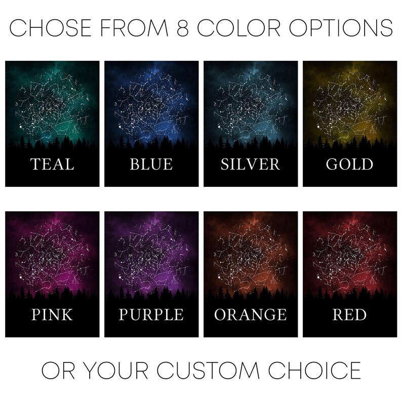 a collection of eight different starry sky backgrounds, each with a different color and star pattern. The starry sky backgrounds are arranged in a 2x2 grid, with each row containing two options. The options include teal, blue, silver, gold, pink, purple, orange, and red. The text above the image reads "CHOOSE FROM 8 COLOR OPTIONS OR YOUR CUSTOM CHOICE".