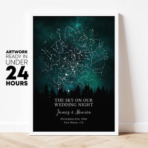 May include: A rectangular wall print featuring a dark teal and black night sky filled with white star constellations above a silhouette of a pine forest. The text reads: THE SKY ON OUR WEDDING NIGHT, James & Monica, NOVEMBER 8TH, 2004, SAN DIEGO, CA.