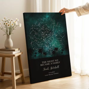 A person's hand is holding a canvas print of a starry night sky with palm trees in the background.