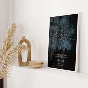 a framed starry night sky print displayed on a white shelf, accompanied by a wooden bowl and a decorative piece.