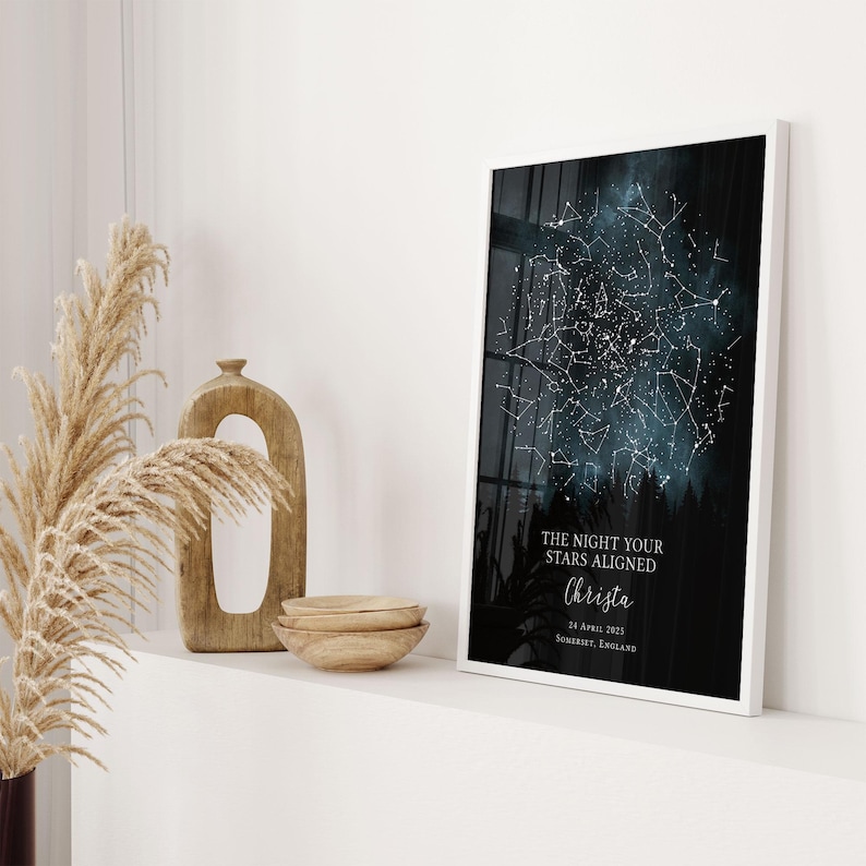 a framed starry night sky print displayed on a white shelf, accompanied by a wooden bowl and a decorative piece.