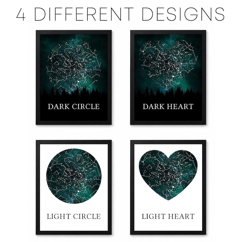 four different designs, each depicting a unique interpretation of a starry night sky. The designs include a "Dark Circle" with a silhouetted forest, a "Dark Heart" with a heart shape, a "Light Circle" with a starry night sky, and a "Light Heart" with a heart shape.