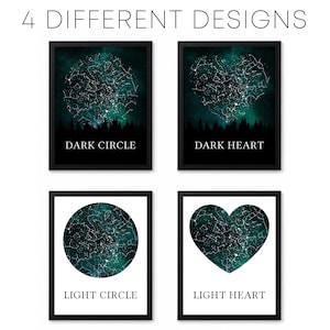 four different designs, each depicting a unique interpretation of a starry night sky. The designs include a "Dark Circle" with a silhouetted forest, a "Dark Heart" with a heart shape, a "Light Circle" with a starry night sky, and a "Light Heart" with a heart shape.