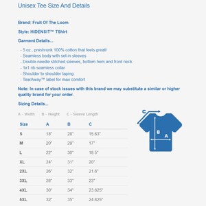 Op de afbeelding: Unisex T-shirt maattabel met metingen in inches. De tabel toont de breedte, hoogte en mouwlengte voor maten S tot en met 5XL.