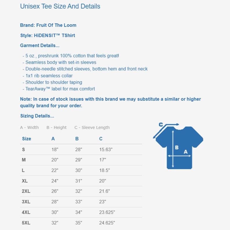 Op de afbeelding: Unisex T-shirt maattabel met metingen in inches. De tabel toont de breedte, hoogte en mouwlengte voor maten S tot en met 5XL.