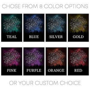 a collection of eight different starry sky backgrounds, each with a different color and star pattern. The starry sky backgrounds are arranged in a 2x2 grid, with each row containing two options. The options include teal, blue, silver, gold, pink, purple, orange, and red. The text above the image reads "CHOOSE FROM 8 COLOR OPTIONS OR YOUR CUSTOM CHOICE".