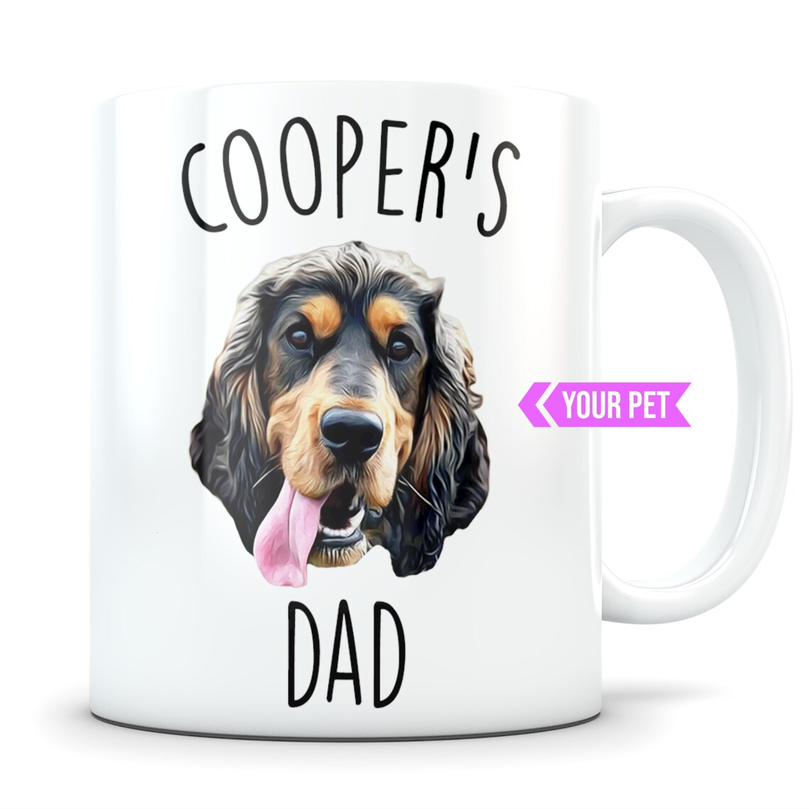 White ceramic custom mug with the words Cooper's Dad and a photo of a Cocker Spaniel.