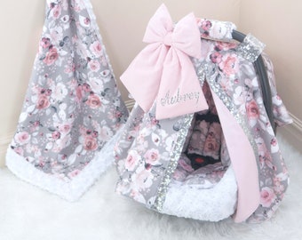 Gray Roses Baby Girl Car Seat Accessories Bundle Set - Personalized Silver Embroidery - Baby Blanket - Car Seat Cover & Insert Cushions