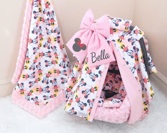 Minnie Mouse Baby Car Seat Cover Accessories Set: Baby Car Seat Cover, Insert Cushions, & Personalized Blanket - FREE SHIPPING
