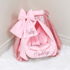 Pink Sparkle Baby Girl Car Seat Accessories - Pink Sparkle Personalized Embroidery - Gift for Newborn - Car Seat Cover and Insert Cushions