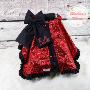 Baby Car Seat Cover - Solid Black w/ Red Glitz Sparkle - Personalized Baby Shower Gift - Baby Girl Car Seat Canopy - Personalized Baby Bow