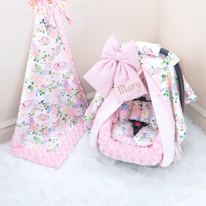 Pink Butterfly Garden Baby Girl Car Seat Accessories Bundle Set - Personalized Embroidery - Baby Blanket - Car Seat Cover & Insert Cushions
