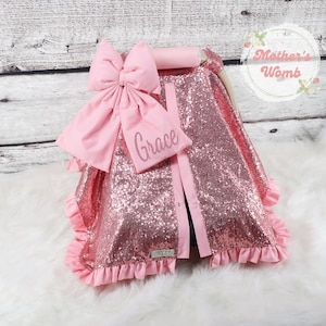 Baby Car Seat Cover - Solid Baby Pink w/ Pink Glitz Sparkle - Personalized Baby Shower Gift - Baby Girl Car Seat Canopy - Baby Bow