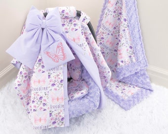 Lilac & Pink Butterfly Baby Girl Car Seat Accessories Bundle Set - Personalized Pink Embroidery - Blanket - Car Seat Cover Insert Cushions