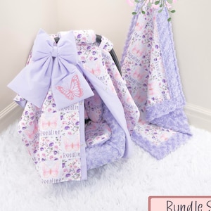 Lilac & Pink Butterfly Baby Girl Car Seat Accessories Bundle Set - Personalized Pink Embroidery - Blanket - Car Seat Cover Insert Cushions