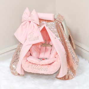 Peach & Rose gold Baby Girl Car Seat Accessories - Rose Gold Personalized Embroidery - Gift for Newborn - Car Seat Cover and Insert Cushions