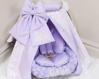 Lilac & Iridescent sparkle Baby Girl Car Seat Accessories - Personalized Embroidery - Gift for Newborn - Car Seat Cover and Insert Cushions