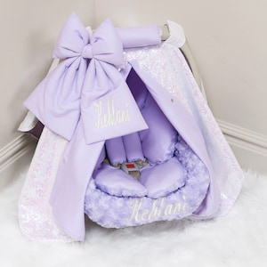 Lilac & Iridescent sparkle Baby Girl Car Seat Accessories - Personalized Embroidery - Gift for Newborn - Car Seat Cover and Insert Cushions