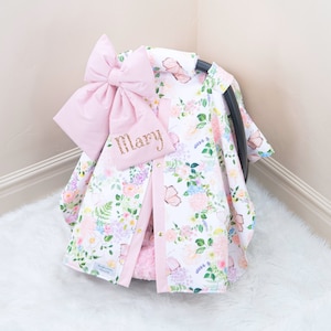 Pink Butterfly Garden Baby Girl Car Seat Cover Canopy - Personalized Embroidery - Gift for Newborn Infant - Baby Shower Gift