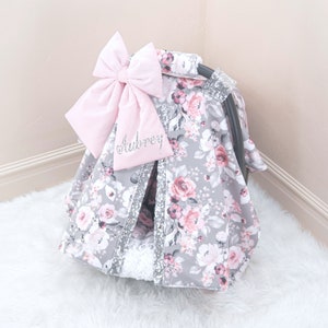 Gray Roses Baby Girl Car Seat Cover Canopy - Silver Personalized Embroidery - Gift for Newborn Infant - Watercolor Floral Print