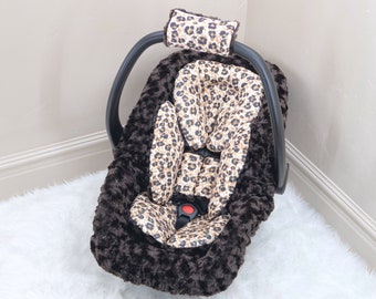 Brown Leopard & Gold Baby Girl Car Seat Insert Cushions - Head and Body Rest - Car Seat Straps Cushions - Infant Car Seat Acessories