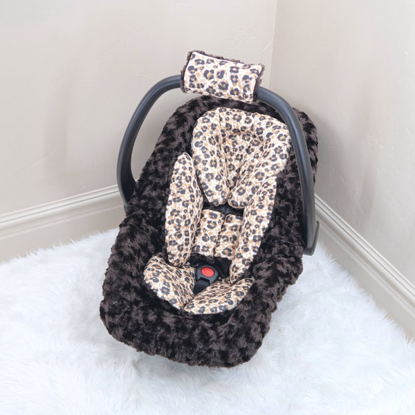 Brown Leopard & Gold Baby Girl Car Seat Insert Cushions - Head and Body Rest - Car Seat Straps Cushions - Infant Car Seat Acessories