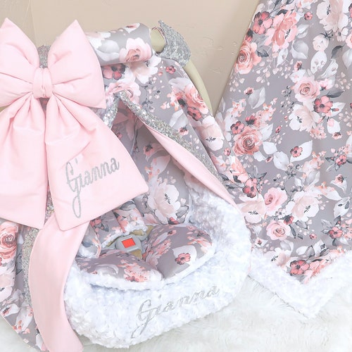 Soft Pink Roses Baby Girl Car Seat Accessories Silver Etsy