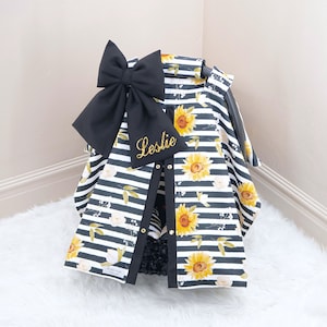 Striped Sunflowers Baby Girl Car Seat Cover Canopy - Gold Personalized Bow Embroidery - Gift for Newborn Infant - Sunflower Baby Shower Gift