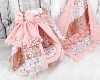 Baby Car Seat Bundle Set - Peach Butterflies w/ Rose Gold Sparkle - Baby Headrest Cushions - Baby Car Seat Cover - Personalized baby Blanket