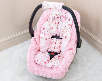 Girly Pink Sparkle Baby Car Seat insert Cushions Set:  Head and Body Rest - Car Seat Straps Cushions - Baby Car Seat Accessories