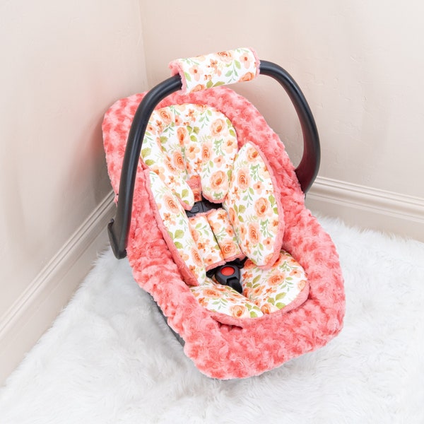 Coral Blooms floral Blossoms Baby Girl Car Seat Insert Cushions - Head and Body Rest - Car Seat Straps Cushions - Infant Car Seat Acessories