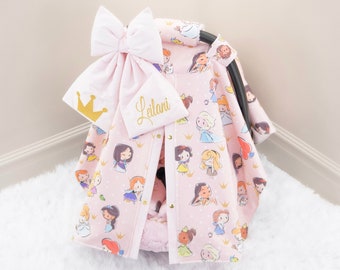 Disney Princess Baby Girl Car Seat Cover Canopy - Gold Personalized Bow Embroidery - Gift for Newborn Infant - Baby Shower Gift