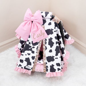 Girly Pink Cow Baby Girl Car Seat Cover Canopy - Personalized Bow Embroidery - Red Glitter Sequin - Gift for Newborn Infant
