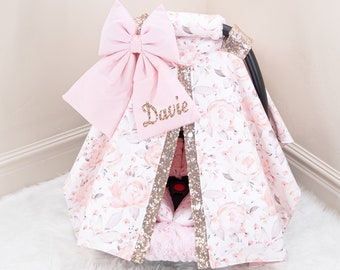Pale Pink Rose Blooms Baby Girl Car Seat Cover Canopy - Rose Gold Personalized Bow Embroidery - Gift for Newborn Infant - Baby Shower Gift