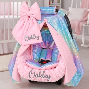 Personalized Holographic Rainbow Baby Car Seat 6pc Set - Embroidered Bow and Liner - Baby Car Seat Accessories - Head & Body Support Insert