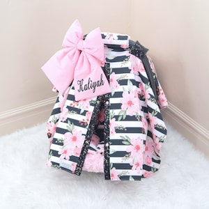 Pink Floral on Stripes Baby Girl Car Seat Cover Canopy - Personalized Embroidery - Gift for Newborn Infant - Watercolor Floral Print