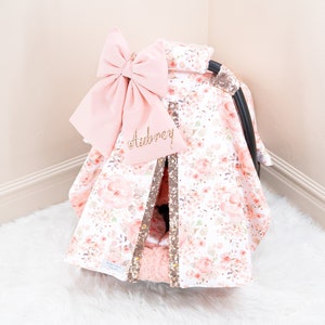 Peach Blossoms Baby Girl Car Seat Cover Canopy - Rose Gold Personalized Bow Embroidery - Gift for Newborn Infant - Watercolor Floral Print