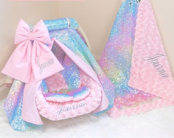 Holographic Rainbow Baby Girl Car Seat Accessories - Rainbow Personalized Embroidery - Baby Blanket - Car Seat Cover & Insert Cushions