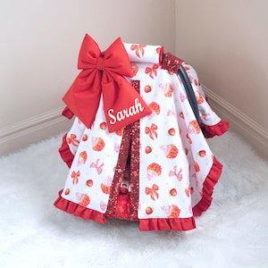 Red Strawberry Baby Girl Car Seat Cover Canopy - Personalized Bow Embroidery - Gift for Newborn - Baby Car Seat Accessories - FREE SHIPPING