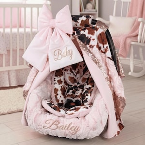 Personalized Brown Cow & Rose Gold Baby Car Seat 6pc Set - Embroidered Bow and Minky Liner - Baby Car Seat Accessories - Head Support Insert