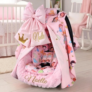 Personalized Disney Princess Baby Car Seat 6pc Set - Embroidered Bow and Minky Liner - Baby Car Seat Accessories - Head & Support Insert