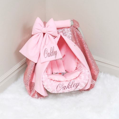Personalized Baby Car Seat Cover With Pink and Grey Flowers Etsy