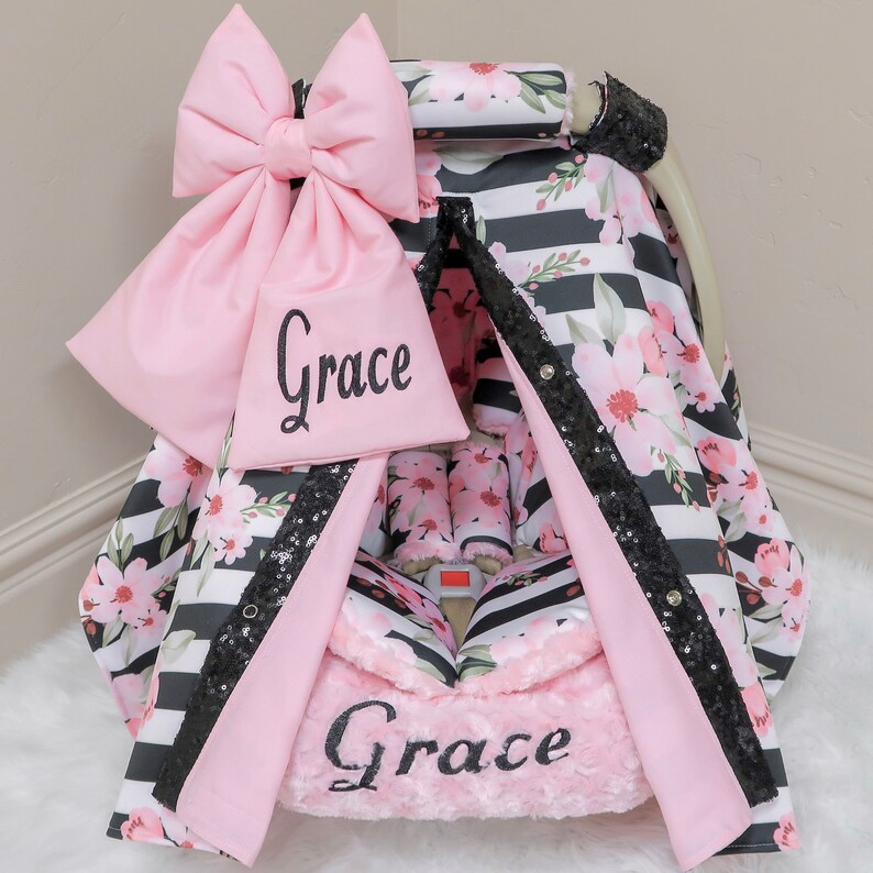 Pink Floral on Stripes Baby Girl Car Seat Accessories Etsy