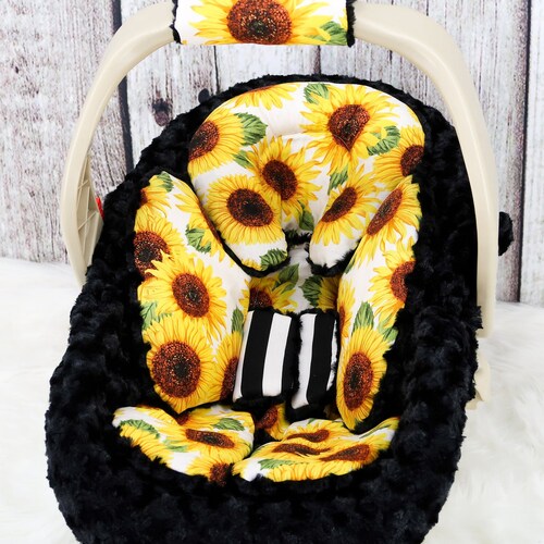 Baby Girl Car Seat Headrest Sunflowers & Stripes Black Etsy