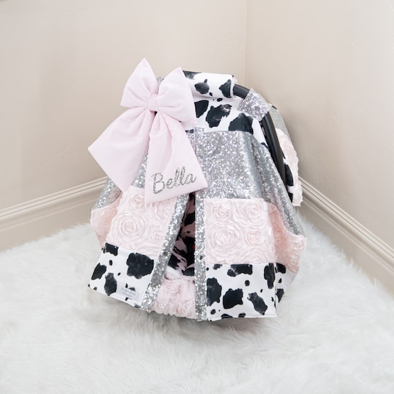 Pale Pink Watercolor Cow Baby Girl Car Seat Cover Canopy